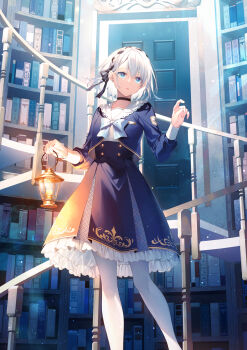 1girl baby_animal black_hairband blue_bow blue_bowtie blue_dress blue_eyes book bookshelf bow bowtie door dress frilled_dress frills hairband highres indoors lamb necktie open_mouth original pantyhose sheep short_hair stairs standing toosaka_asagi white_hair white_pantyhose