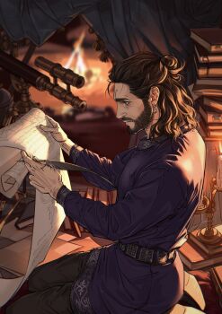 1boy absurdres arm_hair baldur&#039;s_gate baldur&#039;s_gate_3 beard belt black_pants book book_stack brown_eyes brown_hair candle candlelight candlestand curtains doodles dungeons_&amp;_dragons earrings facial_hair fire_light fireplace from_side full_beard gale_(baldur&#039;s_gate) hair_bun highres holding holding_quill holding_scroll jewelry kneeling left-handed library looking_at_object magic_research male_focus mature_male medium_hair metal_belt nyeigneous on_floor pants papers purple_tunic quill reading scattered_books scattered_paper scroll seiza silver_earrings silver_trim single_earring sitting star_(symbol) star_earrings study_(room) studying tassel telescope tunic
