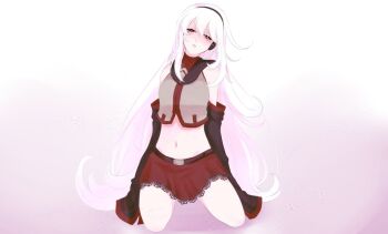 1girl absurdly_long_hair belt chanpotei commentary cropped_sweater detached_sleeves english_commentary long_hair miniskirt pale_skin red_eyes red_skirt red_sweater skirt sukone_tei sweater turtleneck turtleneck_sweater utau very_long_hair white_hair wide_sleeves