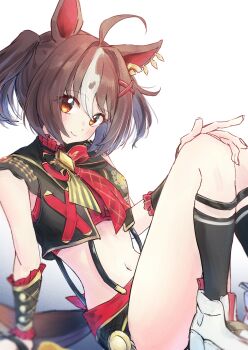 1girl absurdres ahoge animal_ears black_jacket black_shoes blush brown_eyes brown_hair brown_tail closed_mouth colored_inner_animal_ears commentary_request cropped_jacket gran_alegria_(smile_my_way!)_(umamusume) gran_alegria_(umamusume) hair_between_eyes highres horse_ears horse_girl horse_tail jacket knees_up looking_at_viewer midriff multicolored_hair navel open_clothes open_jacket red_shirt red_shorts shirt shoes short_hair short_shorts short_twintails shorts simple_background sleeveless sleeveless_jacket smile solo streaked_hair suspender_shorts suspenders tail thighs twintails umamusume white_background white_hair white_streaks yrouumkinnoaw