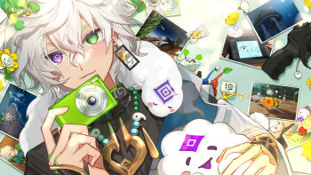 1boy :3 absurdres animal animal_around_neck animal_crossing bead_necklace beads black_shirt blue_pikmin camera character_doll commentary_request doll flowey_(undertale) green_background green_eyes heterochromia highres holding holding_camera jacket jewelry looking_at_viewer magatama male_focus matochi_(fa) murakumo_kagetsu murakumo_kagetsu_(1st_costume) necklace nijisanji nintendo off_shoulder photo_(object) pikaman pikmin_(creature) purple_eyes red_pikmin shirt short_hair solo suika_game undertale upper_body utdr_(toby_fox) virtual_youtuber watakumo_(murakumo_kagetsu) white_hair white_jacket yellow_pikmin