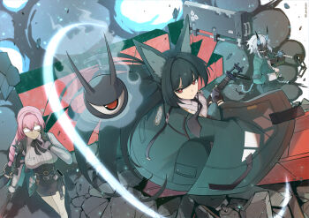 3girls adjusting_eyewear animal_ears aqua_jacket black_gloves black_hair black_necktie black_skirt blunt_bangs breasts bright_pupils closed_mouth collared_shirt commentary debris fox_ears fox_girl glasses gloves hair_between_eyes high-waist_skirt holding holding_polearm holding_sword holding_weapon hoshimi_miyabi jacket laevatein_(la3vatein) large_breasts long_hair looking_at_viewer mask md5_mismatch multiple_girls necktie oni oni_mask pink_hair pointy_ears polearm red_eyes resolution_mismatch revision rubble shirt skirt soukaku_(zenless_zone_zero) source_smaller sword tail tsukishiro_yanagi twitter_username very_long_hair weapon white_pupils white_shirt wide_sleeves zenless_zone_zero