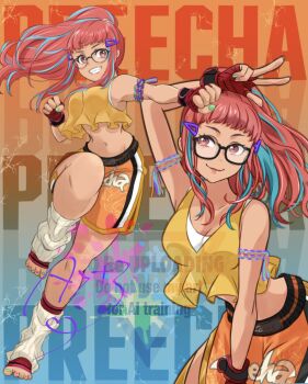 1girl aqua_streaks ayato_g90210 breasts cropped_shirt fatal_fury fatal_fury:_city_of_the_wolves fingerless_gloves glasses gloves hair_ornament hairclip highres leg_warmers long_hair multicolored_hair multiple_views nail_polish navel pink_hair ponytail preecha_(fatal_fury) red_eyes shirt short_bangs shorts smile streaked_hair toeless_legwear toenail_polish toenails watermark yellow_shirt