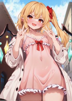 1girl blonde_hair blush breasts coat collarbone commentary_request covered_navel crystal_wings double_v embarrassed fang flandre_scarlet from_below hair_between_eyes hands_up highres looking_at_viewer medium_hair nightgown open_clothes open_coat outdoors parted_lips pink_nightgown pointy_ears shirotsuki_shirone side_ponytail skin_fang small_breasts smile solo thighs touhou v vampire white_coat wings