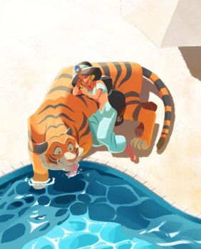 Rule 34 | 1girl, aladdin (movie), aqua hairband, aqua pants, aqua shirt, arabian clothes, black hair, breasts, closed eyes, commentary request, crop top, drinking, earrings, from above, full body, gold choker, gold earrings, hairband, harem pants, head on hand, highres, jasmine (disney), jewelry, long hair, medium breasts, midriff, multi-tied hair, naco oekaki, off-shoulder shirt, off shoulder, pants, parted bangs, pool, poolside, rajah (disney), shirt, smile, tiger, tongue, tongue out