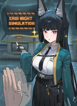 1boy 1girl animal_ears belt black_hair black_necktie black_skirt blue_jacket breasts commentary_request english_text fox_ears hakama hakama_skirt highres hood_(james_x) hoshimi_miyabi jacket japanese_clothes large_breasts long_hair looking_at_viewer machine necktie parted_lips pointing pov pov_hands red_eyes sexually_suggestive shirt skirt very_long_hair waving white_shirt zenless_zone_zero