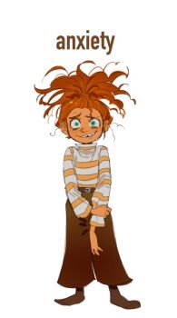 1girl anxiety_(inside_out_2) aqua_eyes belt brown_belt brown_pants brown_shoes character_name colored_skin commentary disney english_commentary full_body high_ponytail hand_on_own_arm inside_out inside_out_2 kugai697139 long_hair long_sleeves looking_at_viewer messy_hair nervous open_mouth orange_hair orange_skin pants pixar ponytail sharp_teeth shoes simple_background smile solo standing striped_clothes striped_sweater sweat sweater teeth turtleneck turtleneck_sweater white_background white_sweater wide_sleeves