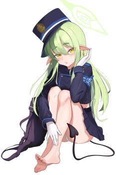 1girl absurdres amiya_(user_rfpj5422) barefoot black_hat black_jacket black_skirt blue_archive blush commentary_request demon_tail earrings gloves green_hair green_halo halo hat highres hikari_(blue_archive) jacket jewelry knees_up long_hair looking_at_viewer open_mouth panties peaked_cap pleated_skirt pointy_ears simple_background sitting skirt solo tail underwear white_background white_gloves white_panties yellow_eyes