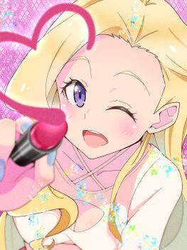 Rule 34 | 1girl, absurdres, blonde hair, blush, breasts, collarbone, cosmetics, dress, happy, highres, holding, holding lipstick tube, ikizulive! love live! bluebird, konohana aurora, large breasts, lipstick tube, litecolors radi, long hair, looking at viewer, love live!, nail polish, one eye closed, open mouth, pink background, purple eyes, smile, solo, teeth, upper body, upper teeth only