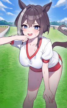 1girl absurdres animal_ears blue_eyes blush breasts bright_pupils brown_hair brown_tail cheval_grand_(umamusume) closed_mouth collarbone commentary english_commentary gym_shorts hair_between_eyes hair_intakes heavy_breathing highres horse_ears horse_girl horse_racing_track horse_tail iffyru large_breasts leaning_back leaning_forward long_sidelocks looking_at_viewer open_mouth original_race_uniform_(umamusume) outdoors red_shorts shirt short_hair short_hair_with_long_locks short_sleeves shorts sidelocks solo standing sweat tail teeth umamusume upper_teeth_only white_hair white_pupils white_shirt white_streaks