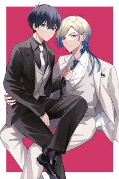2boys black_footwear black_hair black_jacket black_necktie black_pants black_shirt black_socks blazer blonde_hair blue_eyes blue_hair blue_lock border breast_pocket buttons closed_mouth clothes_grab collared_shirt commentary_request eyeshadow flower_tattoo gradient_hair grey_vest hand_in_pocket highres isagi_yoichi jacket jewelry lapels long_hair long_sleeves looking_at_viewer makeup male_focus michael_kaiser moco_(1553561764583079936) multicolored_hair multiple_boys neck_tattoo necktie necktie_grab neckwear_grab notched_lapels open_clothes open_jacket outside_border pants pocket red_eyeshadow ring shirt short_hair sitting socks tattoo vest white_border white_necktie white_shirt yaoi
