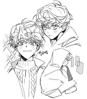 1boy blush hinizana hood hood_up jacket lee_gilyoung looking_at_viewer messy_hair multiple_expressions nervous omniscient_reader&#039;s_viewpoint ribbed_sweater short_hair sitting smile solo sparkle sparkling_eyes sweater