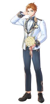 1boy absurdres arm_behind_head arm_up artist_request black_bow black_bowtie black_pants black_shoes black_wrist_cuffs bouquet boutonniere bow bowtie brown_hair buttons clause_(king's_raid) commentary commentary_request dress_shirt dress_shoes english_commentary flower formal_clothes full_body gold_trim green_eyes grey_vest groom highres holding holding_bouquet jacket king's_raid korean_commentary lapels long_sleeves male_focus mixed-language_commentary official_alternate_costume official_art pants second-party_source shirt shoes simple_background smile solo suit suit_jacket vest white_background white_jacket white_shirt white_suit wrist_cuffs yellow_flower