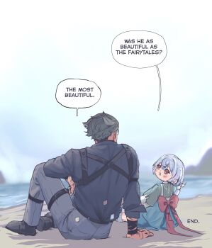 Rule 34 | 1boy, 1girl, absurdres, arm on knee, arm support, bandaged arm, bandages, beach, black bandages, blush, bow, bowtie, character request, commentary, english commentary, english text, from behind, genshin impact, grey hair, grey pants, highres, knee up, looking at another, naya (onaxart), ocean, on ground, pants, sand, scar, scar on arm, short hair, sitting, speech bubble, talking, wriothesley (genshin impact)