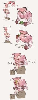 ! 2boys :t arthropod_boy brown_pantyhose eating english_text flying_sweatdrops food highres holding_utensil hug juerucj kenshi male_focus multiple_boys muscular muscular_male pantyhose pectorals pink_skirt puff_of_air ribbon salad sequential skirt spoken_exclamation_mark steak tank_top twitter_username vomiting white_tank_top