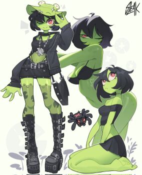 1girl bag barefoot belt_boots bikini black_bag black_bikini black_boots black_hair black_jacket black_skirt black_tank_top boots breasts bug commentary corrupted_twitter_file crop_top english_commentary eye_on_hat floral_print_thighhighs frog_girl green_hat green_thighhighs hat highres jacket jewelry looking_at_viewer midriff miniskirt navel necklace one_eye_closed original pink_eyes seiza short_hair shoulder_bag signature sitting skirt sleak solo spider swimsuit tank_top thighhighs