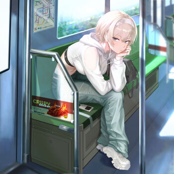 1girl absurdres bag black_sports_bra blue_eyes breasts closed_mouth commentary cropped_hoodie day drainer38 drawstring earphones full_body goddess_of_victory:_nikke green_pants grey_hair hair_between_eyes hand_on_own_cheek hand_on_own_face headband highres hood hood_down hoodie indoors large_breasts long_sleeves looking_at_viewer midriff navel pants prika_(nikke) shoes short_hair sidelocks sitting sneakers solo sports_bra train_interior white_headband white_hoodie white_shoes window window_shadow