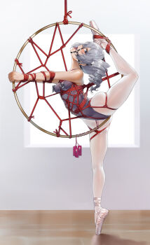Rule 34 | 1girl, ballerina, ballet slippers, bdsm, bondage, bound, bound ankles, bound arms, bound breasts, bound legs, bound wrists, bronya zaychik, commentary request, crotch rope, dreamcatcher, drill hair, egg vibrator, female focus, forced orgasm, full body, gag, gag harness, gagged, ginklaga, green eyes, grey hair, highres, honkai (series), honkai impact 3rd, indoors, leotard, long hair, looking at viewer, neglect play, nipple clamps, nipple stimulation, one leg raised, open mouth, pantyhose, purple leotard, remote control vibrator, restrained, ring gag, sex toy, shibari, shibari over clothes, skindentation, solo, standing, standing on one leg, suspension, tiptoes, tongue, tongue out, twin drills, vibrator, vibrator cord, vibrator under clothes, white pantyhose