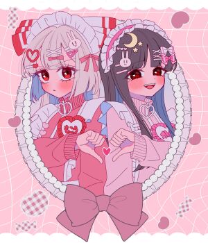2girls alternate_costume blush bow brown_hair commentary_request crescent crescent_hair_ornament frilled_hairband frills fujiwara_no_mokou grey_hair hair_bow hair_ornament hairband hairpin heart heart_hair_ornament heart_hands heart_hands_duo highres houraisan_kaguya jacket jersey_maid long_hair long_sleeves looking_at_viewer maid maid_headdress multiple_girls multiple_hairpins name_tag open_mouth pink_hairband pink_jacket rabbit_hair_ornament red_eyes red_jacket smile tamiko_(tamik0224) touhou unconventional_maid