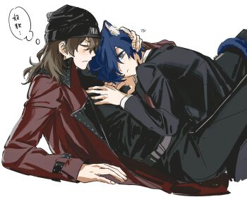 Rule 34 | 2boys, animal ears, annoyed, aragaki shinjirou, arm support, beanie, black hat, black jacket, black shirt, blue hair, bmh 1009, brown hair, cat boy, cat ears, cat tail, closed eyes, closed mouth, coat, commentary request, feet out of frame, fingernails, frown, grey eyes, hair between eyes, hair over one eye, hand on another's head, hands on another's chest, hat, highres, jacket, kemonomimi mode, lapels, long hair, long sleeves, looking ahead, male focus, multiple boys, one eye covered, open clothes, open coat, persona, persona 3, reclining, red coat, shirt, short hair, simple background, sketch, speech bubble, tail, tail wrap, thought bubble, translation request, white background, yaoi, yuuki makoto (persona 3)