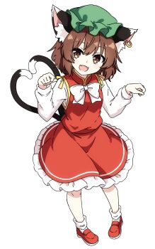 1girl absurdres animal_ear_fluff animal_ear_piercing animal_ears bow bowtie brown_eyes brown_hair cat_ears cat_tail chen commentary earrings fang frilled_skirt frills full_body green_hat hat heart heart_tail highres hoop_earrings jewelry loafers long_sleeves looking_at_viewer mandarin_collar mob_cap multiple_tails nekomata open_mouth pioartstuff red_shoes red_vest shirt shoes single_earring skin_fang skirt skirt_set smile socks solo tail touhou transparent_background two_tails vest white_bow white_bowtie white_shirt white_socks