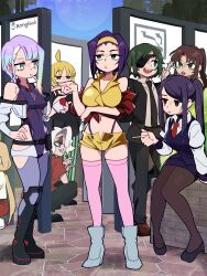 6+girls absurdres ahoge artist_name black_lagoon black_necktie black_pants black_suit bocchi_the_rock! bodysuit bongftah boots breasts brown_pantyhose chainsaw_man character_request cigarette copyright_request cowboy_bebop crossover cyberpunk:_edgerunners cyberpunk_(series) demon_horns eyepatch faye_valentine formal_clothes gradient_eyes green_eyes green_hair hairband helltaker high_ponytail highres himeno_(chainsaw_man) holding holding_cigarette horns ijichi_seika jill_stingray lucy_(cyberpunk) multicolored_eyes multicolored_hair multiple_crossover multiple_girls necktie off_shoulder pants pantyhose pink_thighhighs ponytail purple_bodysuit purple_hair purple_thighhighs red_eyes red_shirt revy_(black_lagoon) shirt short_shorts shorts smoking squatting suit thighhighs twintails va-11_hall-a vest white_hair yellow_hairband yellow_vest zdrada_(helltaker)