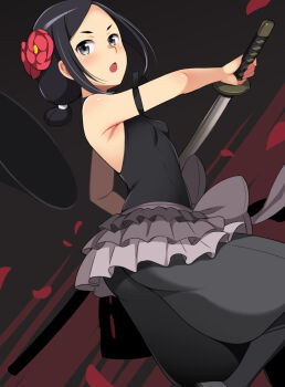 Rule 34 | 1girl, bare back, black eyes, black hair, black pants, black tank top, chestnut mouth, female focus, flower, from side, hair bun, hair flower, hair ornament, hat, honda naoki, looking back, open mouth, pants, princess principal, sheath, short hair, single hair bun, solo, sword, tank top, toudou chise, unsheathing, unworn headwear, weapon