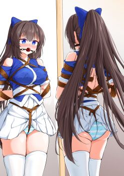 1girl absurdres arms_behind_back ass ball_gag bare_shoulders bdsm between_buttocks between_legs between_thighs blue_eyes blue_kimono blue_panties blue_ribbon blue_shirt blush bondage bound bound_arms bound_torso bow breasts brown_hair clothes_lift clothing_cutout commission commissioner_upload crotch_rope drooling embarrassed female_focus gag gagged gn_nanon hair_between_eyes hair_bow hair_ornament hair_ribbon highres indoors japanese_clothes kimono large_breasts legs legs_together long_hair looking_ahead mirror nagasarete_airantou nipples panties perky_breasts pleated_skirt ponytail reverse_prayer ribbon rope saliva saliva_trail shibari shibari_over_clothes shirt short_sleeves shoulder_cutout sidelocks simple_background skeb_commission skin_tight skindentation skirt skirt_lift striped_clothes striped_panties suzu_(nagasarete_airantou) thighhighs thighs underwear very_long_hair white_panties white_skirt wiffle_gag
