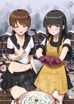 1other 5girls anchor_symbol apron black_hair black_sailor_collar black_skirt blunt_bangs blunt_tresses blush breasts brown_eyes brown_hair cleavage commentary_request cowboy_shot damaged empty_eyes food fubuki_(kancolle) fubuki_kai_ni_(kancolle) hair_between_eyes hatsuyuki_(kancolle) hatsuyuki_kai_ni_(kancolle) heart heart_hands highres hime_cut holding holding_food ichikawa_feesu kantai_collection long_hair long_sidelocks looking_at_viewer low_twintails medium_hair midriff miniskirt multiple_girls murakumo_(kancolle) murakumo_kai_ni_(kancolle) navel open_mouth outdoors oven_mitts pleated_skirt pov pov_hands red_eyes sailor_collar shirayuki_(kancolle) shirayuki_kai_ni_(kancolle) shirt short_sleeves sidelocks skirt small_breasts smoke snowing sparkle sweat thighs torn_clothes twintails white_hair white_shirt winter yellow_apron