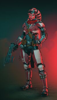 1girl absurdres alien armor colored_skin damntoadking full_body gun hand_on_own_hip highres holding holding_gun holding_weapon lekku_(anatomy) red_eyes red_skin science_fiction solo standing star_wars twi&#039;lek weapon