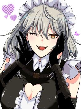 1girl alternate_costume apron black_dress black_gloves clothing_cutout commentary dress frilled_apron frills gloves grey_hair heart_cutout highres indie_virtual_youtuber maid maid_headdress one_eye_closed oogi_illust open_mouth smile unconventional_maid virtual_youtuber vshojo yellow_eyes zentreya zentreya_(cyborg)