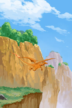 blue_sky charizard claws cliff cloud commentary_request day fire flame-tipped_tail full_body gen_1_pokemon mk_(mikka) nintendo no_humans outdoors pokemon pokemon_(creature) rock scenery sky tail wide_shot