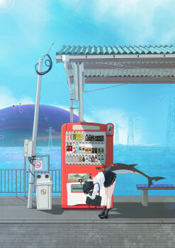 1girl ? absurdres bag bench bird black_hair black_skirt black_socks blue_sky bottle commentary day ellen_joe ellen_joe_(on_campus) fins fish_tail from_behind hair_ornament hairclip highres hollow_(zenless_zone_zero) midfinger ocean outdoors pleated_skirt power_lines scenery shadow shark_tail shirt shoes short_hair sign skirt sky socks solo standing tail transmission_tower vending_machine water white_shirt zenless_zone_zero