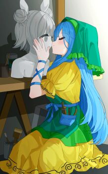 1girl apron arm_ribbon blue_hair blue_ribbon blush chimi_(s2yuyukos2) closed_eyes closed_mouth commentary dress green_apron green_headscarf haniyasushin_keiki headscarf highres joutouguu_mayumi long_hair object_in_pocket pocket puffy_short_sleeves puffy_sleeves ribbon short_sleeves sitting smile solo statue tools touhou very_long_hair yellow_dress