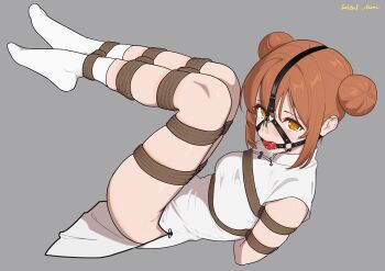 1girl absurdres arms_behind_back ball_gag breasts double_bun dress gag gag_harness gagged grey_background hair_bun highres legs_up long_hair looking_at_viewer medium_breasts nose_hook orange_eyes orange_hair original salted_moon shibari shibari_over_clothes skindentation socks white_dress white_socks wiffle_gag