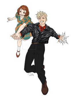 Rule 34 | 1boy, 1girl, artist name, bakugou katsuki, black jacket, black pants, blonde hair, blush, boku no hero academia, breasts, brown eyes, brown hair, brown shoes, cleavage, coat, collared shirt, dated, full body, grin, hetero, highres, holding hands, interlocked fingers, jacket, leather, leather jacket, medium breasts, mush820823, open mouth, pants, plaid clothes, plaid coat, plaid shirt, red eyes, red shirt, shirt, shoes, short bangs, short hair, smile, socks, spiked hair, teeth, uraraka ochako, white background, white socks