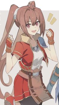 Rule 34 | 1girl, ahoge, antenna hair, armor, border, breasts, brown eyes, cropped jacket, eiyuu densetsu, estelle bright, fingerless gloves, george man, gloves, grey background, highres, long hair, looking at viewer, open mouth, pauldrons, shoes, short sleeves, shorts, shoulder armor, single pauldron, skirt, small breasts, smile, sneakers, solo, sora no kiseki, twintails, two-tone background, white border
