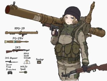 Rule 34 | 1girl, ammunition, ammunition pouch, backpack, bag, bayonet, beanie, binoculars, black gloves, black hat, blonde hair, blue eyes, brown bag, brown jacket, brown pants, camouflage, camouflage jacket, chest rig, closed mouth, commentary request, cowboy shot, cross, equipment layout, explosive, fingerless gloves, first aid kit, gloves, green jacket, gun, hat, highres, holding, holding gun, holding rocket launcher, holding weapon, jacket, looking at viewer, military, military combat uniform, military fatigues, military jacket, military uniform, original, pants, pouch, red cross, rifle, rocket launcher, rpg-29, rpg (weapon), short hair, simple background, sks, smoke grenade, soldier, solo, tozaumo, trigger discipline, weapon, weapon name, white background