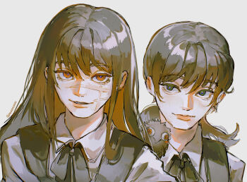 2girls bird black_hair chainsaw_man fourth_east_high_school_uniform highres long_hair looking_at_another mitaka_asa multiple_girls red_eyes ringed_eyes scar scar_on_face school_uniform uu0000322 war_devil_(chainsaw_man) yoru_(chainsaw_man)