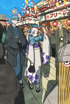 2girls 3boys aqua_eyes architecture bag beanie beard black_bag black_haori blonde_hair blue_eyes blue_flower blue_kimono blue_scarf brown_hair closed_mouth commentary_request crossed_arms dwarf earrings east_asian_architecture eisen_(sousou_no_frieren) elf facial_hair floral_print floral_print_kimono flower frieren full_body glasses green_kimono grey_hat grin hair_between_eyes hair_flower hair_ornament haori hat heiter highres himmel_(sousou_no_frieren) holding holding_bag japanese_clothes jewelry kimono mole mole_under_eye multiple_boys multiple_girls new_year parted_lips pointy_ears ponytail print_kimono sandals scarf serie_(sousou_no_frieren) short_hair smile sousou_no_frieren tabi takeuchi_ryousuke teeth v wide_sleeves