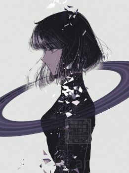 1girl bishoujo_senshi_sailor_moon black_hair black_sweater blunt_bangs blunt_ends commentary_request dolcexxx from_side highres parted_lips profile purple_eyes short_hair simple_background smile solo sweater tomoe_hotaru turtleneck twitter_username upper_body white_background