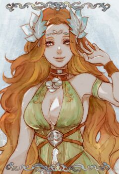 1girl bare_shoulders breasts brown_hair circlet cleavage closed_mouth dress final_fantasy final_fantasy_xiv green_dress hair_ornament hand_in_own_hair large_breasts leaf_hair_ornament long_hair nophica oyatsuredgray parted_bangs sleeveless sleeveless_dress smile solo upper_body wavy_hair