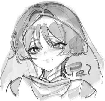 1boy artist_name bags_under_eyes blunt_ends closed_mouth clothing_cutout cropped_torso eyelashes genshin_impact greyscale hair_intakes highres japanese_clothes kariginu layered_sleeves looking_at_viewer male_focus monochrome portrait scaramouche_(genshin_impact) scaramouche_(kabukimono)_(genshin_impact) see-through_clothes see-through_veil shoulder_cutout sketch smile solo tei(_te_i_328) tsurime veil white_background wispy_bangs