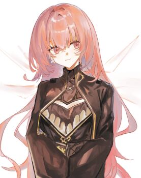 1girl angel_wings arknights black_shirt hair_between_eyes highres lemuen_(arknights) long_hair looking_at_viewer nktg pink_eyes pink_hair shirt simple_background solo white_background wings