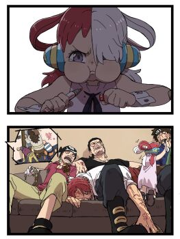 1girl 6+boys aged_down angry bald belt benn_beckman body_writing bonk_punch brown_hair building_snake cheek_bulge child devil_fruit disgust door dreadlocks dress everyone father_and_daughter food goggles green_hair grin happy hat highres holding holding_sword holding_weapon hongou_(one_piece) howling_gab limejuice_(one_piece) long_coat looking_at_another lucky_roux manly monkey monster_(one_piece) multiple_boys muscular nintendo one_piece open_clothes open_shirt open_vest pirate pokemon pokemon_(anime) ponytail red_hair_pirates revenge rockstar_(one_piece) sash scar shaded_face shanks_(one_piece) shirt short_hair sitting sleeping smile spiked_hair straw_hat striped_clothes striped_shirt sunglasses sword tanaka_(tanakya123) tears trait_connection uta_(one_piece) vest weapon white_hair yasopp