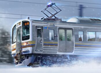 absurdres headlight_beam highres jr_211_series ktn400af_cmpn motion_blur multiple_unit_train no_humans original pantograph snow snowing train tree vehicle_focus west_japan_railway_company wipers