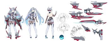 1girl absurdres ass blue_streaks bodystocking breasts full_body high_heels highres mechanical_hands medium_breasts mitscher_(warship_girls_r) multiple_views official_artist_extra rudder_footwear simple_background single_mechanical_hand thigh_strap warship_girls_r white_background zalenhpe