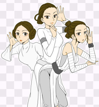 3girls double_bun dress hair_bun mother_and_daughter multiple_girls padme_amidala princess_leia rey_(star_wars) simple_background star_wars
