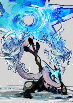 absurdres commentary_request dated gen_6_pokemon greninja grey_background highres mega_evolution mega_greninja nintendo no_humans pokemon pokemon_(creature) red_eyes signature sukepmonster