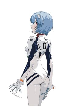 1girl ass ayanami_rei blue_hair blush bodysuit breasts closed_mouth commentary_request cropped_legs from_side h4sh1rnoto highres interface_headset_(evangelion) looking_at_viewer mecha_pilot_suit medium_breasts motion_lines neon_genesis_evangelion plugsuit_(evangelion) profile red_eyes short_hair sideways_glance simple_background skin_tight solo white_background white_bodysuit